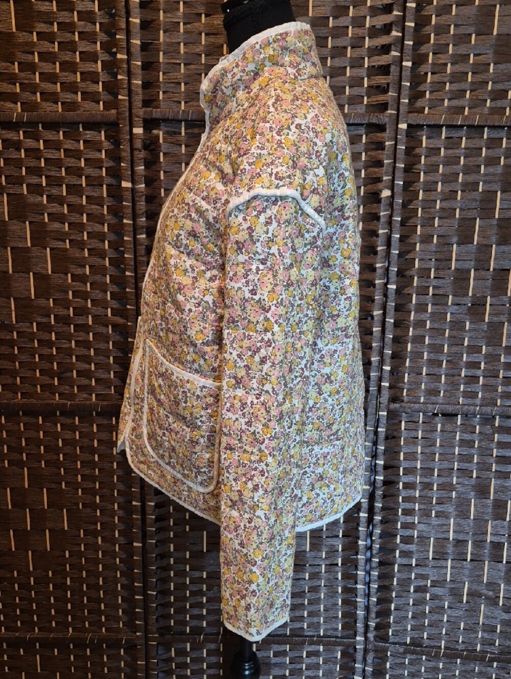 Quilted Floral Puffer Jacket in Cream and Mustard - Picture 5 of 8